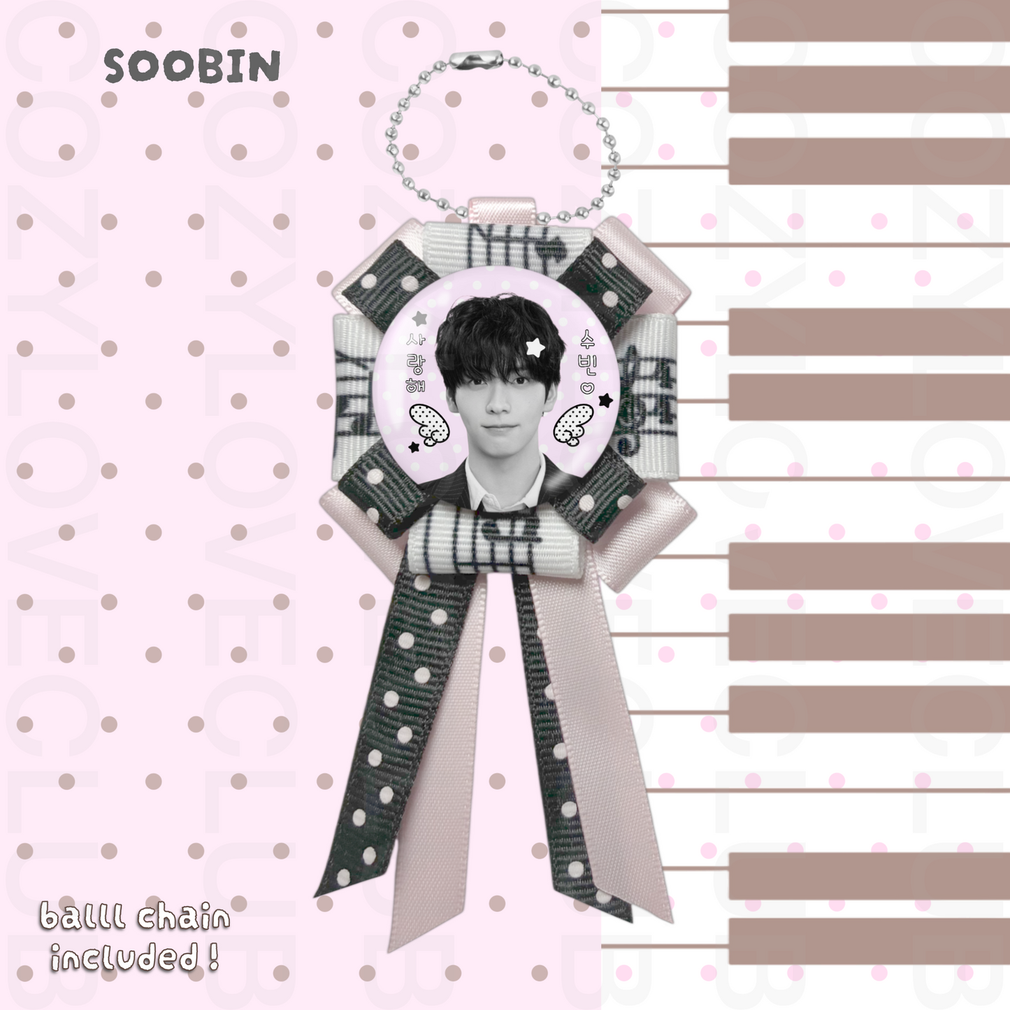 TXT Rosette Ribbon Keychain [ WHITE POLKA VER. ]